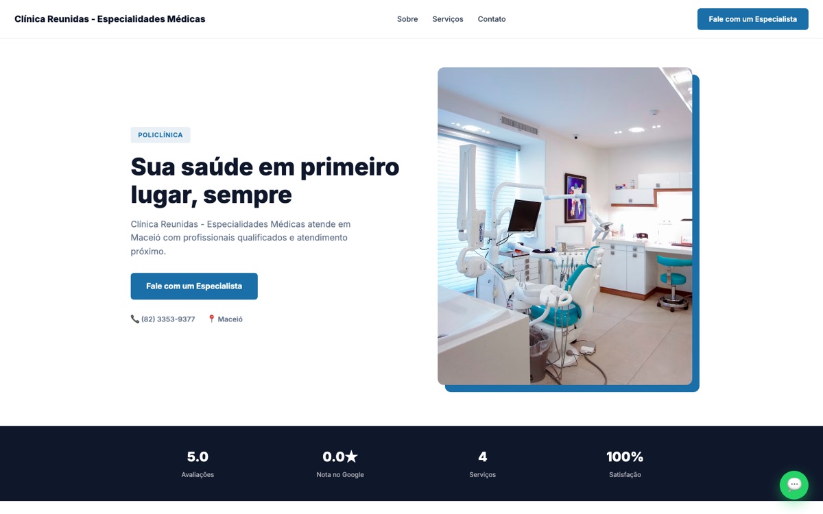 Captura de tela da landing page da Clínica Reunidas - Especialidades Médicas